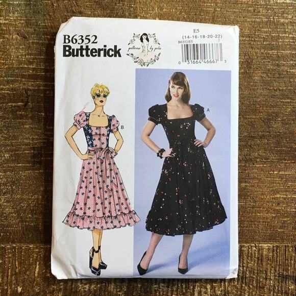 Butterick Sewing Pattern B6352 Retro Cottagecore Square Neck Dress 14-22 UNCUT - Picture 1 of 3